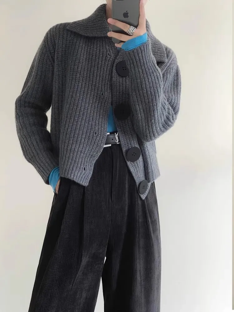 Loose Cardigan Women Turn-down Collar Autumn Winter Elegant Aesthetic Languid Korean Commuting Style Temperament Tender Stylish