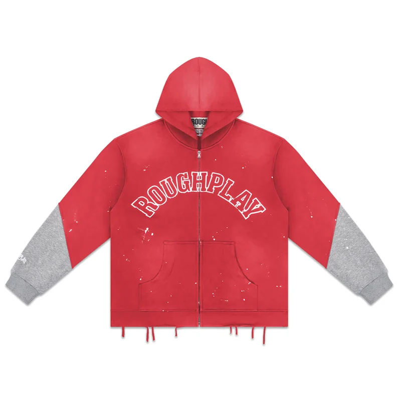 Splash Paint Distressed Curved Letter Print Rough Play Zip Hoodie Color Block Ripped Wide Leg Sweatpants Street Suit Man Woman