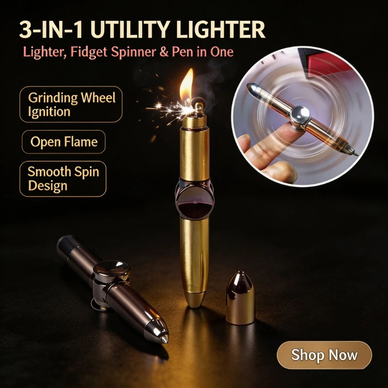 Unique Rotating Gyroscope Pen Lighter, Decompression Toy Writing Pen, Outdoor Portable Grinding Wheel Ignition Lighter