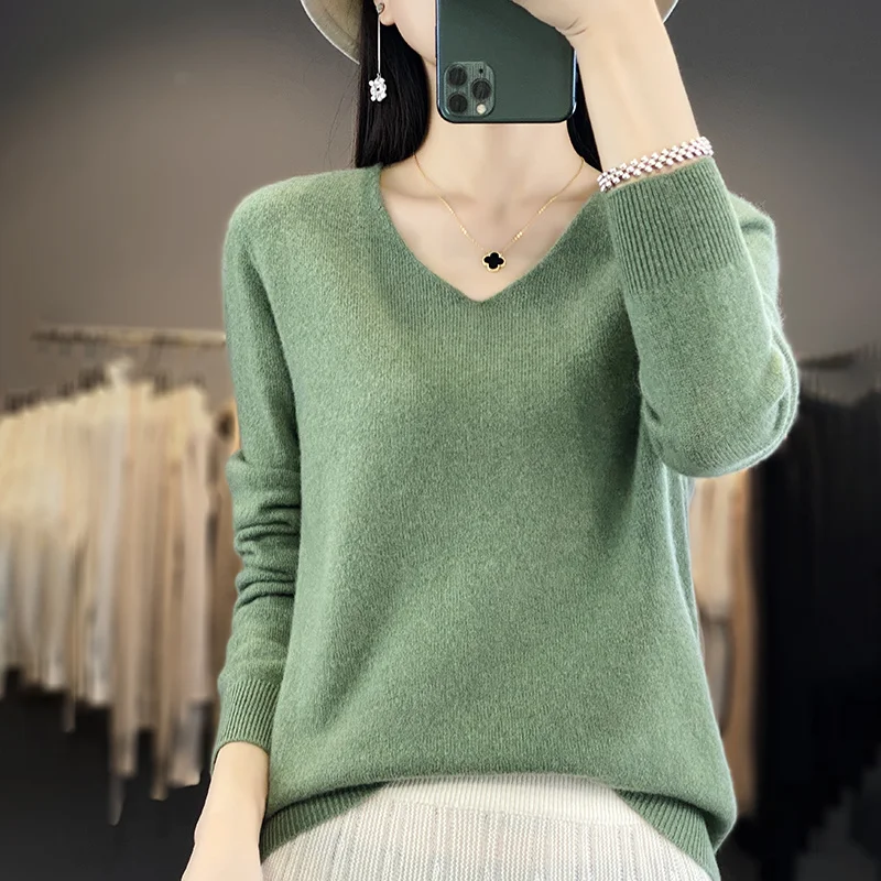 Women 100% Merino Wool Sweater V-Neck Basic Pullover Autumn Winter Cashmere Clothing Long Sleeve Soft Knitwear Tops Solid Color