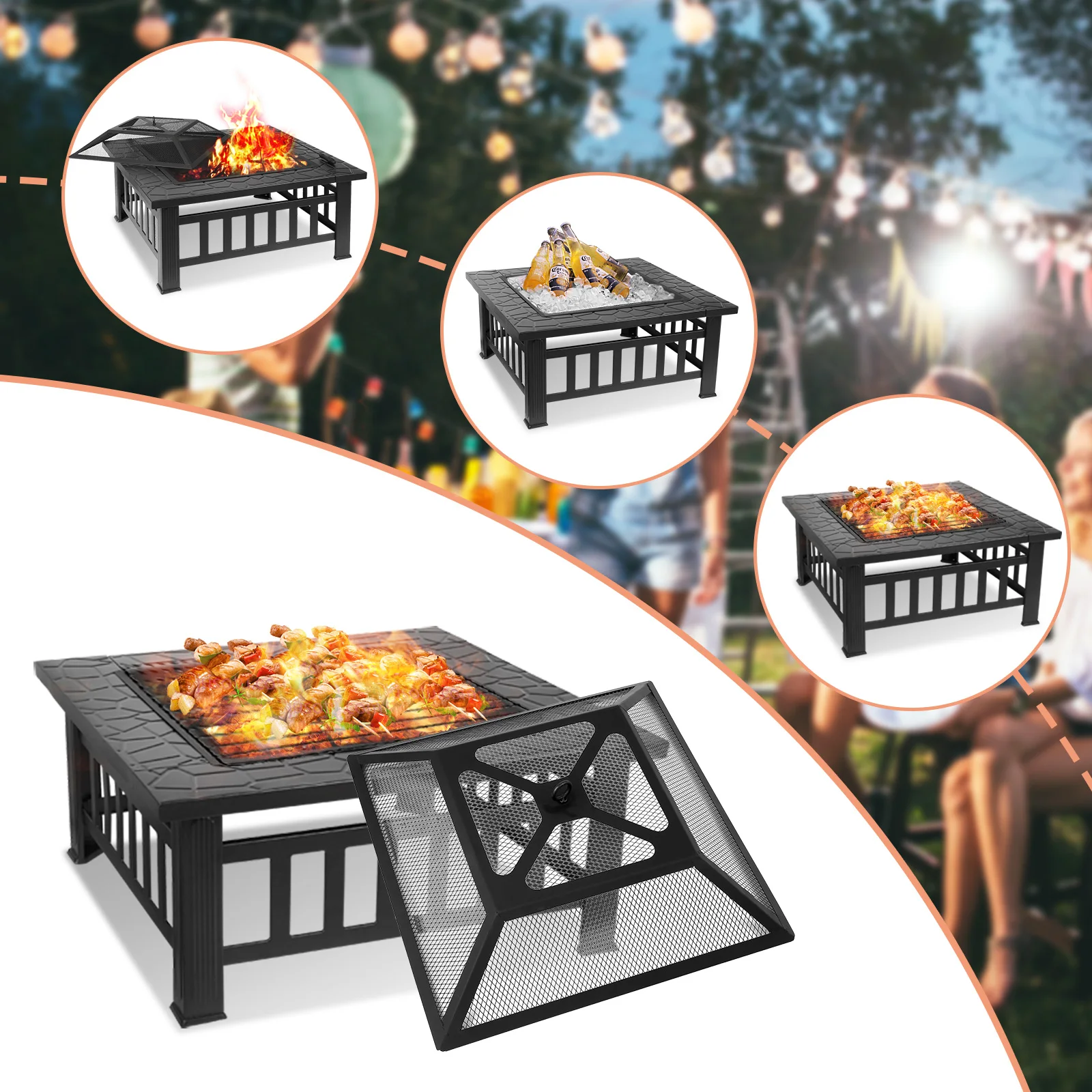 

AOOU Steel Fire Pits for Outside, 32'' Square Wood Burning Fire Pit Table, Outdoor Patio BBQ Firepit Bonfire Party