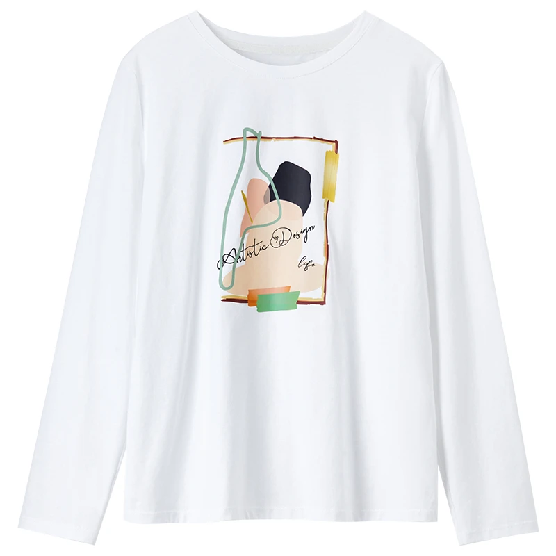 SENTUBILA 100% Cotton Long Sleeve  T-Shirts For Women 2026 Spring Autumn Fashion Print Round Neck Tee Shirts Q53TG3915X