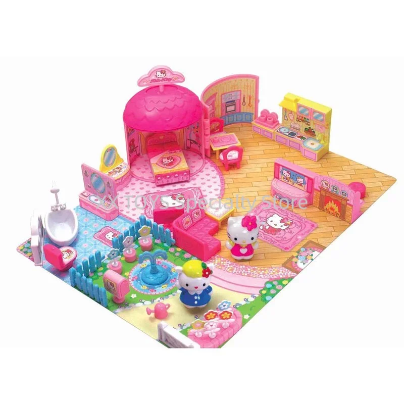 Hello Kitty Mini Town Ice Cream Shop Playset Burger Shop Playset 4 Into 1 Mini Furniture Assembly Toys Girls Play House Toys