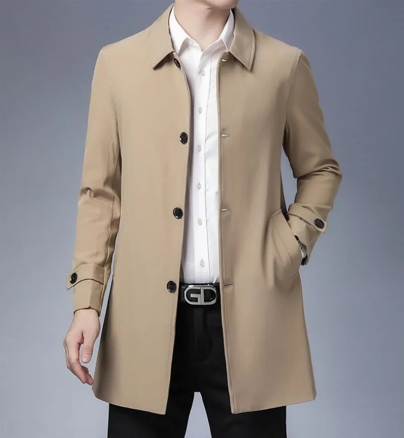 

Mens Spring Jacket 2023 New Arrival Men's Business Casual Black Khaki Long Jacket Top Quality Single Breasted Solid Trench Coat