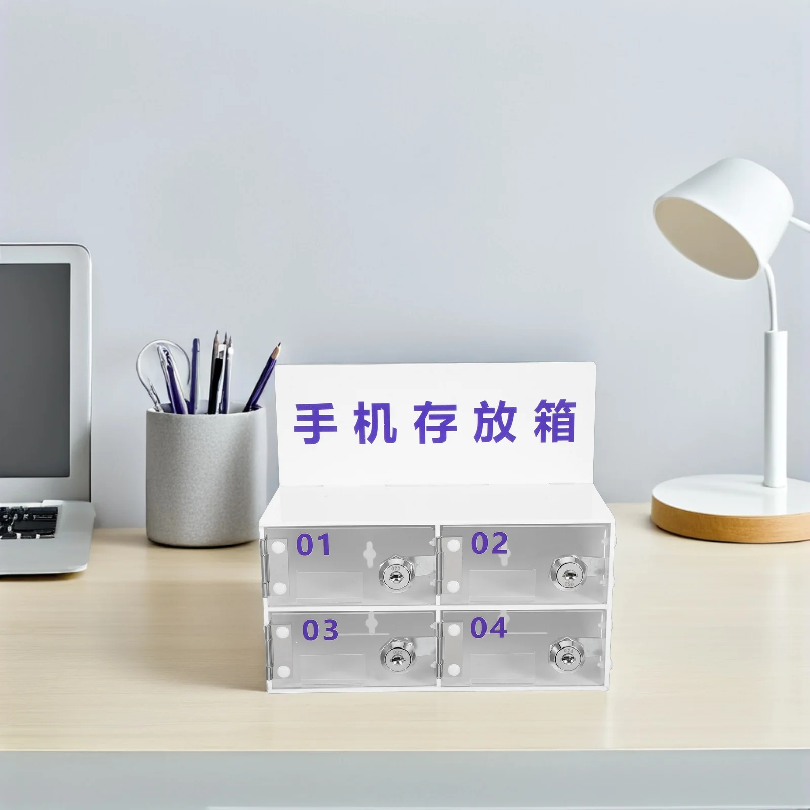 خزانة تخزين للهاتف الخلوي من الأكريليك، منظم 4 شبكات، قفل آمن، مقصورات واسعة، رؤية شفافة، مكتب الفصول الدراسية #1