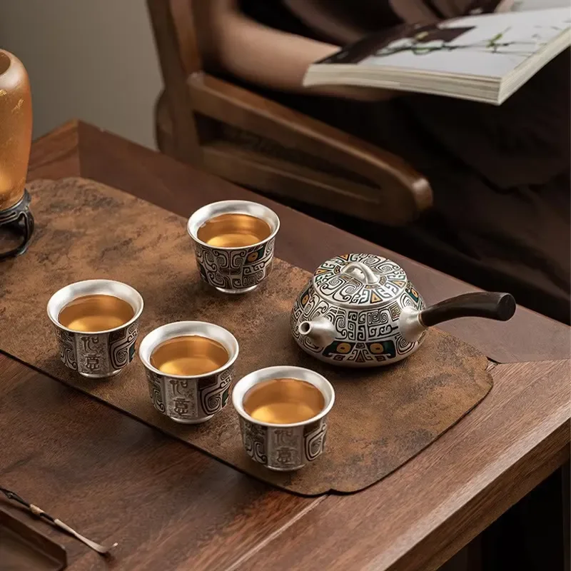 Customized Chinese stylish silver-plated Kung Fu tea set, high-end teapot, teacup set, tea set for lovers, portable travel