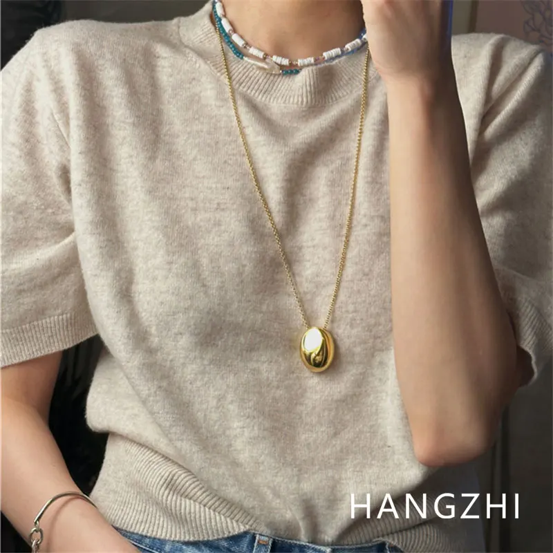 HANGZHI Simple Oval Metal Sweater Chain Fashion Exaggerated Geometric Long Necklace for Women Girls Vintage Jewelry Gifts 2023