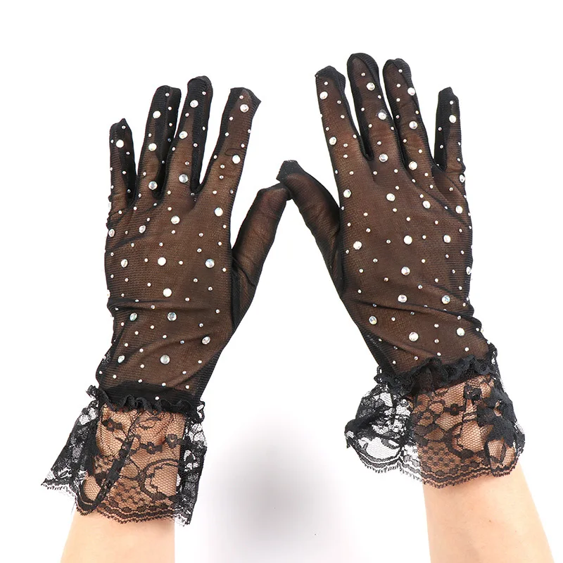 Gloves Halloween Mesh Rhinestone Full Finger Women Elegant Retro Lace Party Performance Bridal Black Lightweight