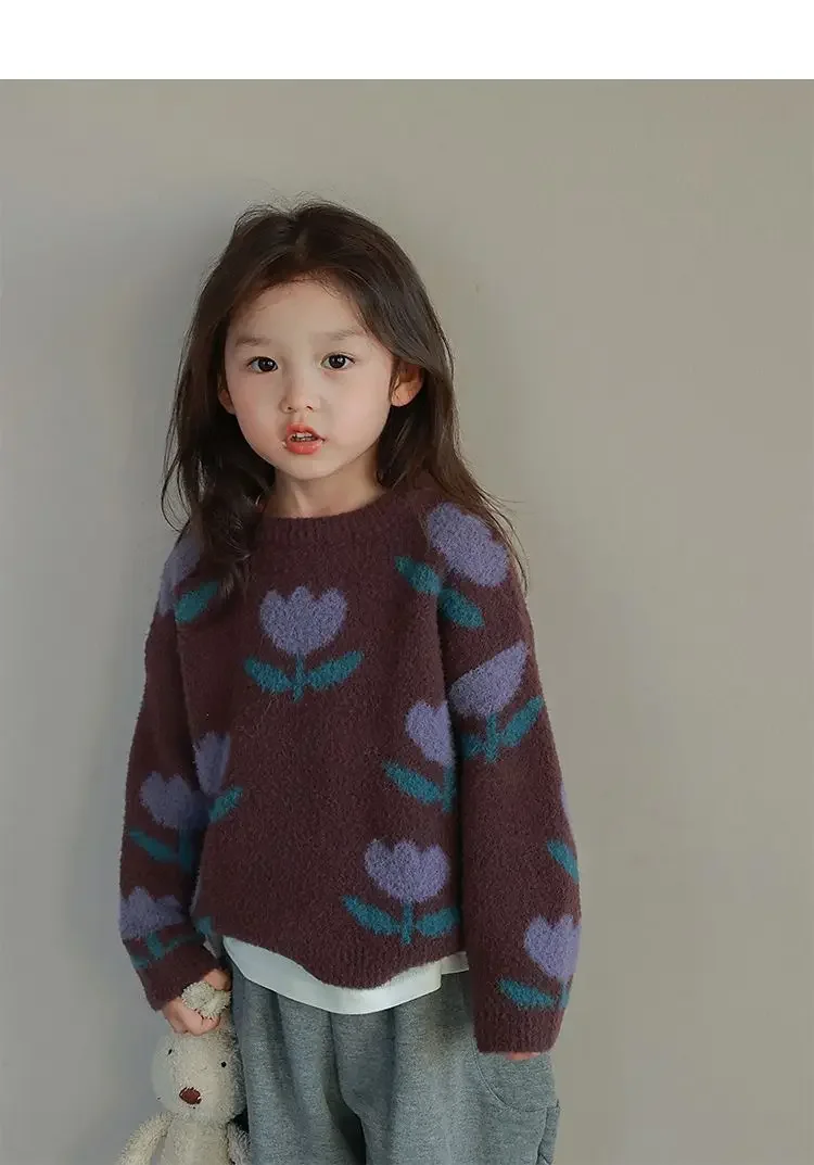 

Sweaters Girls Tulip Flower Pullover Sweater New Korean Fashionable Tide Childrens Clothing Round Collar Simple