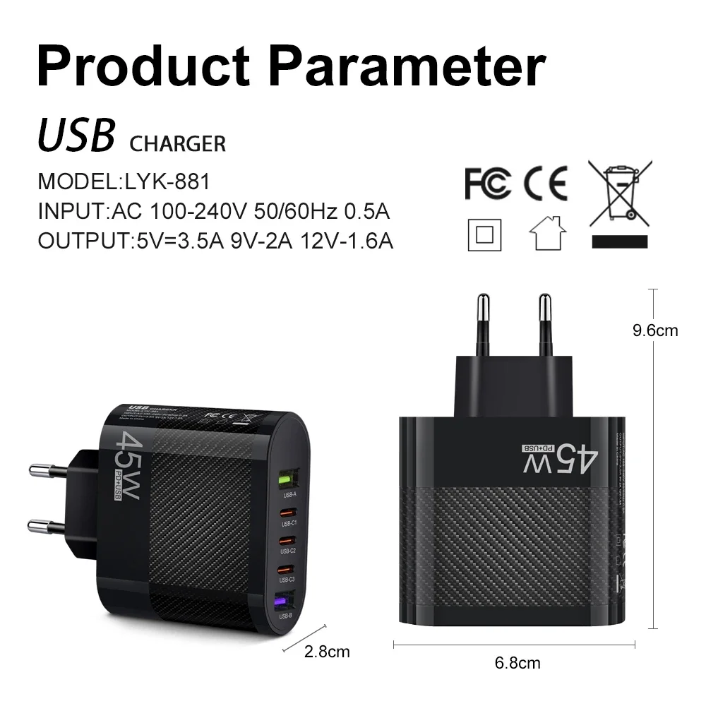 USB C Charger Type-C PD Mobile Phone Muti 5 Ports 45W Fast Quick Charging Wall Adapter for iPhone 15 Pro Max Xiaomi 14 Samsung