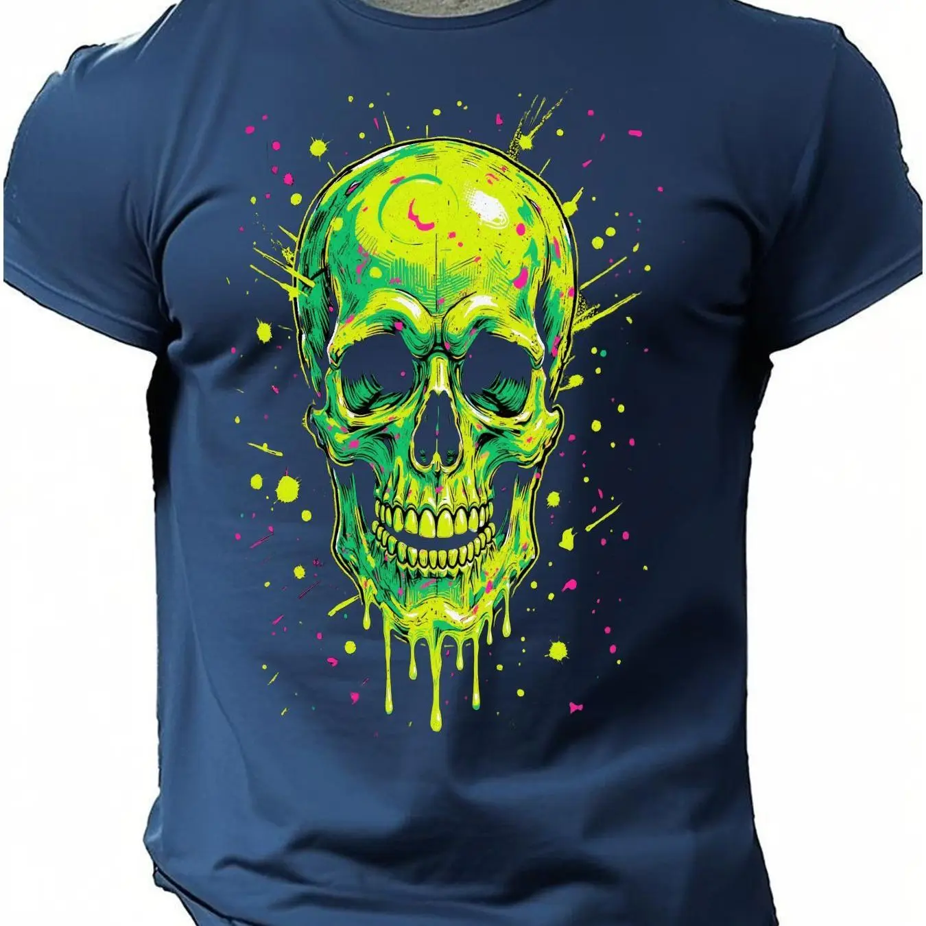 تي شيرت رجالي مطبوع عليه جمجمة باللون الأخضر النيون والأسود باللون الأخضر الداكن والوردي بتصميم بالتنقيط وأكمام قصيرة قابلة للتنفس كاجوال لجميع القديسين