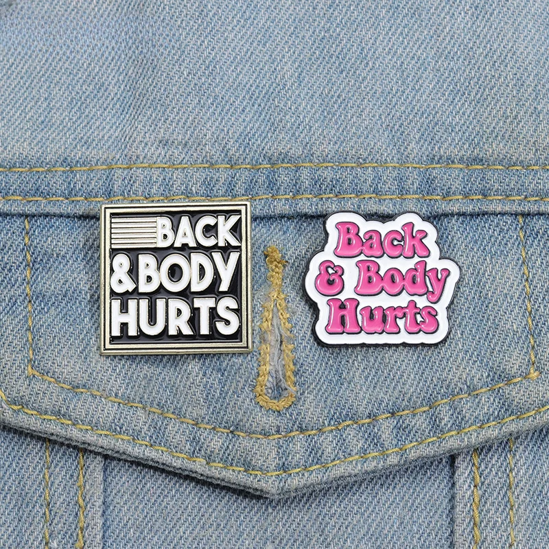 Body Hurts Enamel Pin Square Text Metal Brooches Lapel Badges Hat Backpack Clothes Funny Jewelry Gift for Kids Friends Wholesale