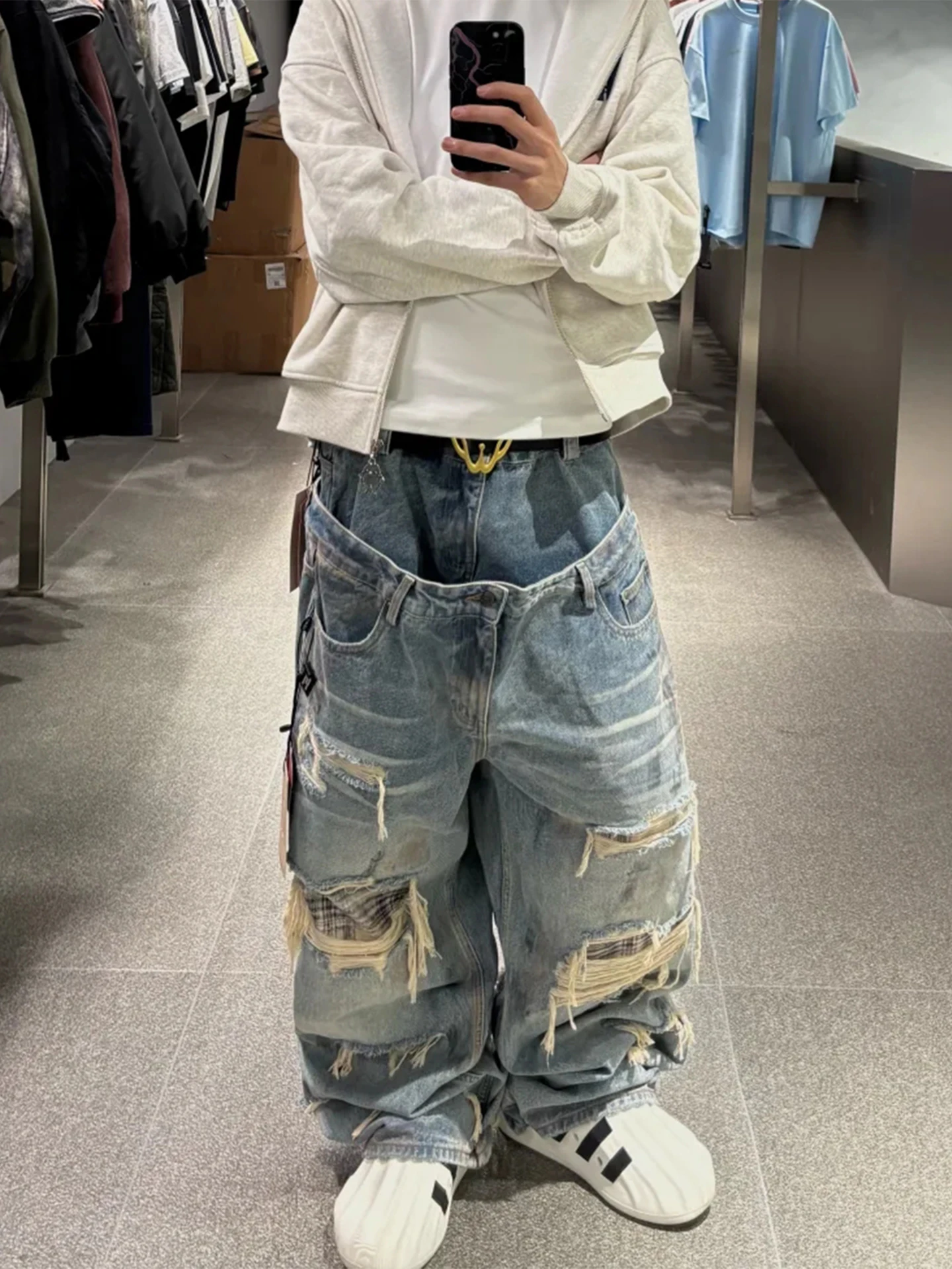 American Retro Washed Hole Wide Leg Men's Jeans Summer Double Waist Patch Design Long Trousers Trendy mid Waist Zipper Fly