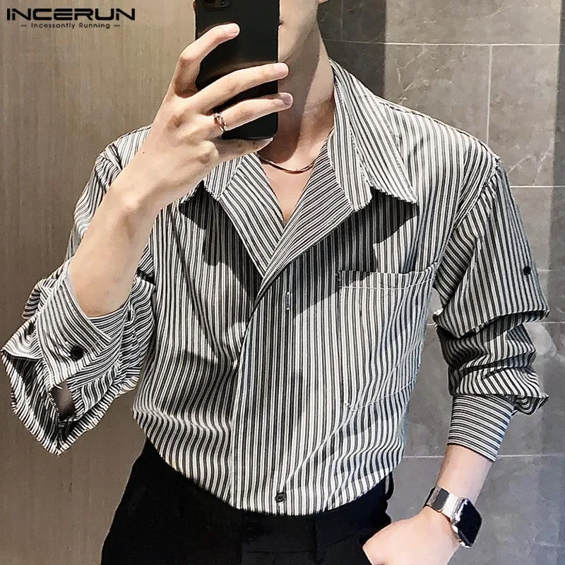 

Fashion Casual Style Tops INCERUN Men's Collar Vertical Stripe Shirts Personality Male Streetwear Long Sleeved Blouse S-5XL 2024