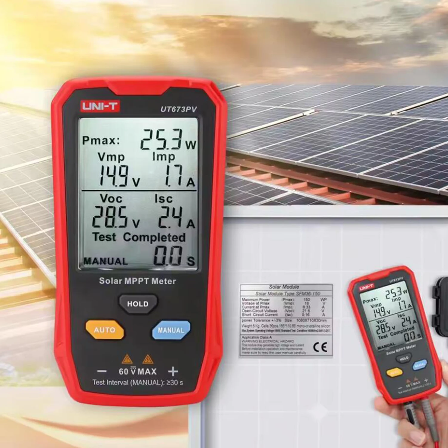 UNI-T UT673PV مقياس MPPT الشمسي؛ قياس جهد الدائرة المفتوحة 12 ~ 60 فولت/اختبار طاقة 800 وات/قياس تيار تحميل 35A