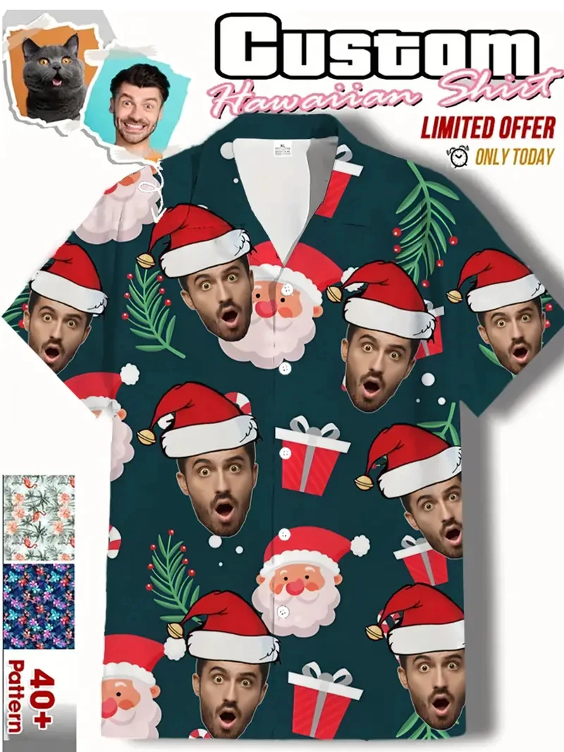 الكرتون عيد الميلاد قبعة مخصصة Diy بها بنفسك الوجه الجرافيك الرجال قصيرة الأكمام التلبيب قميص بلايز زر عيد الميلاد قمصان عطلة اليومية الإناث البلوزات #2