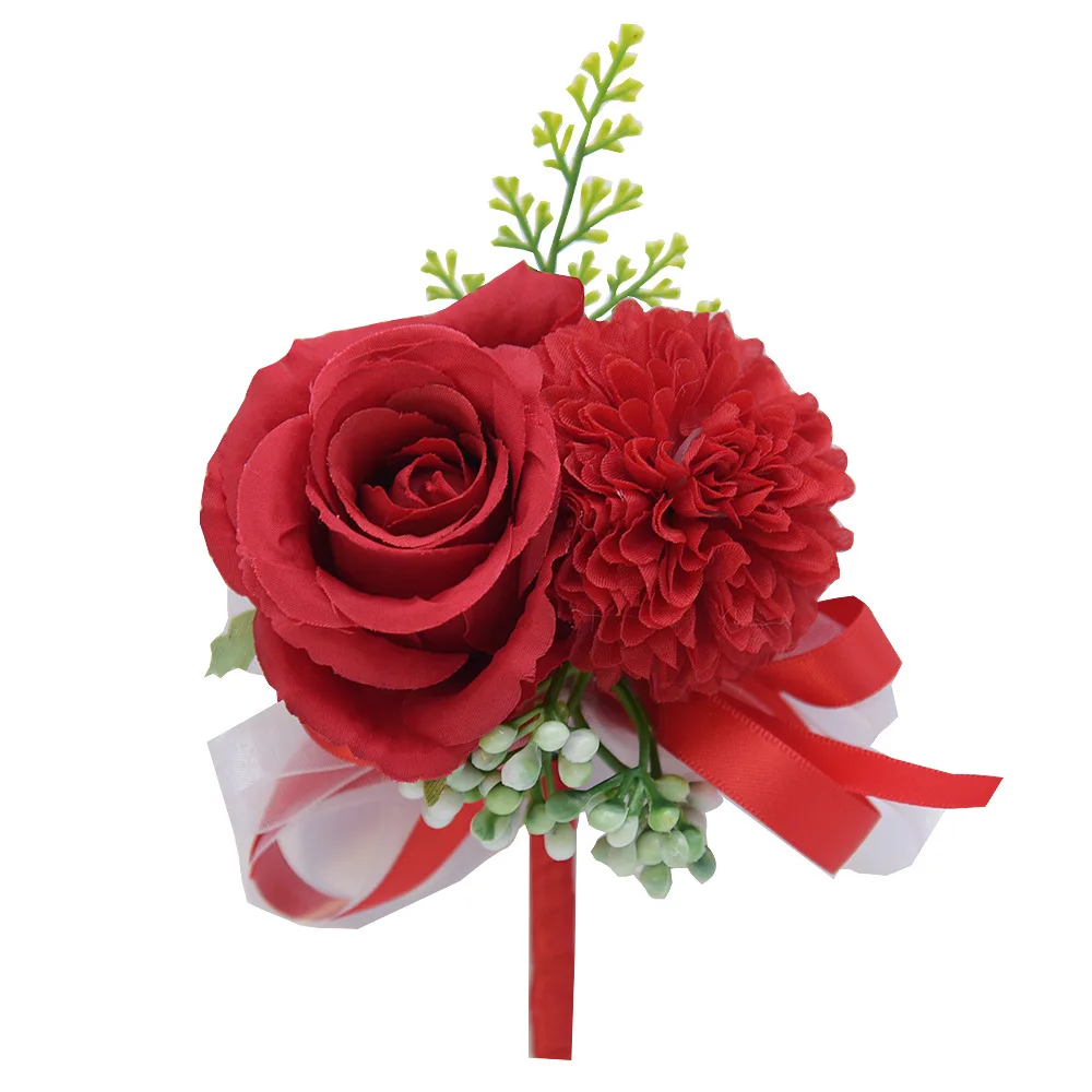 Handmade Artificial Rose Flower Wrist Corsage, Boutonniere Set, noiva mão flor, festa de casamento dos homens