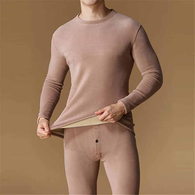 Winter Fleece Thermal Underwear Long Johns Men Solid O-Neck Thick Warm Underwear Sets Male High Quality Long Johns Tops + Pants
