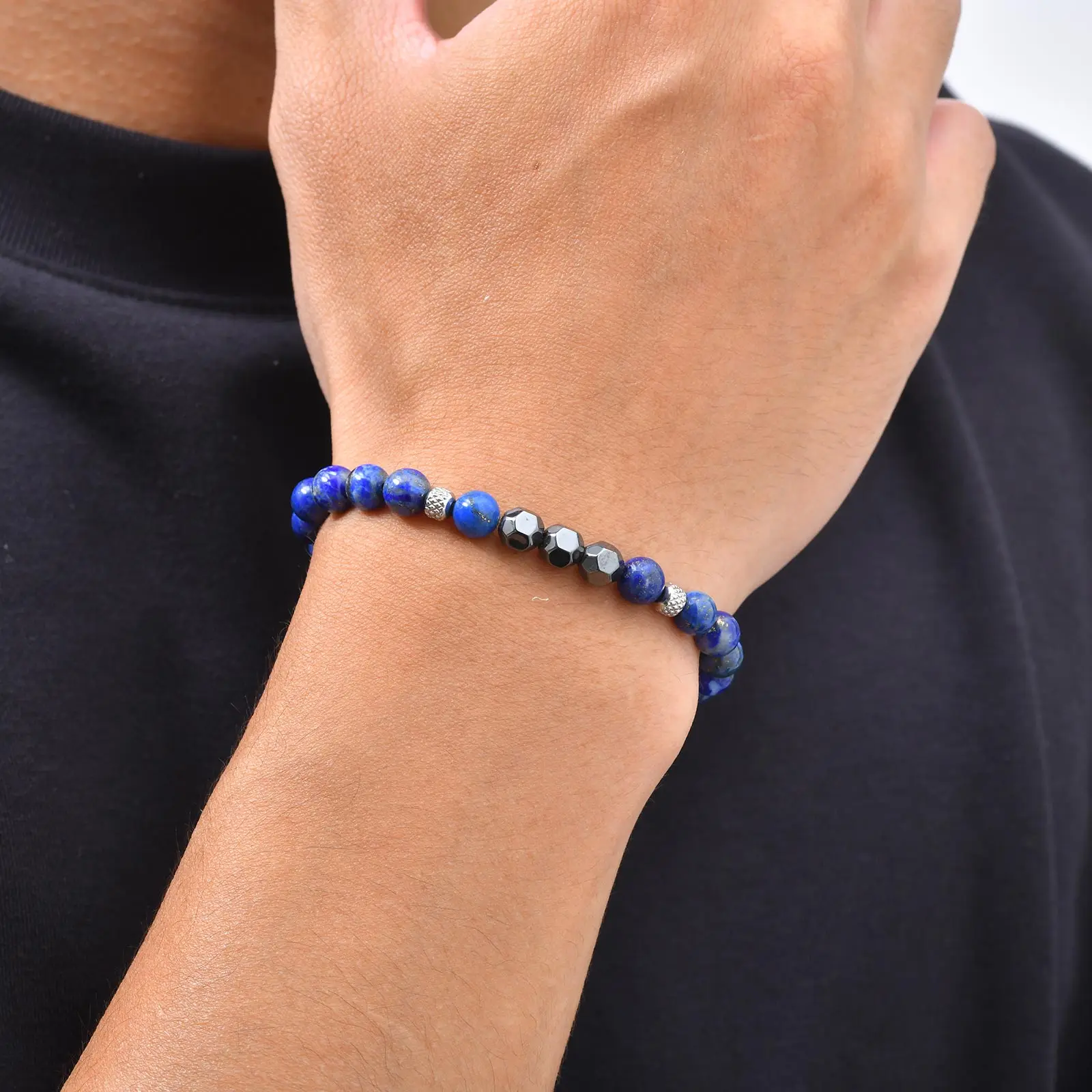 Stilvolle Blaue Naturstein-Perlenarmbänder für Männer, Lapislazuli Hämatit Armband, Heilende Energie Yoga-Schmuck – Detail 2