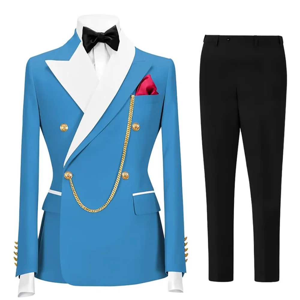 Luxury Men Double Breasted Suit White Contrast Lapel Slim Tuxedo Peak Lapel Wedding Groom Outfit Prom Formal Blazer Pants