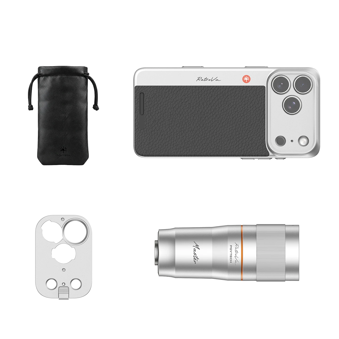 PGYTECH RetroVa 2X/4X telelens voor iPhone 17/18 Pro/Pro Max, inclusief telefoonhoesje.