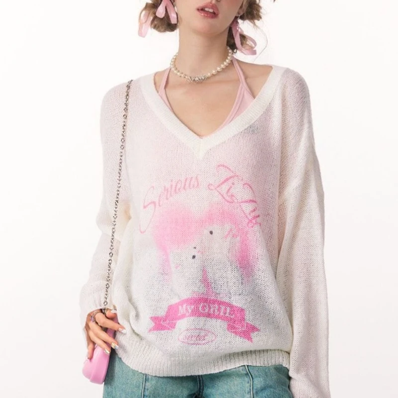

Spring Summer Thin V Neck Long Sleeve T Shirts Y2k Aesthetic Sweet Cute Print All Match Sun Protection Harajuku Preppy Clothes