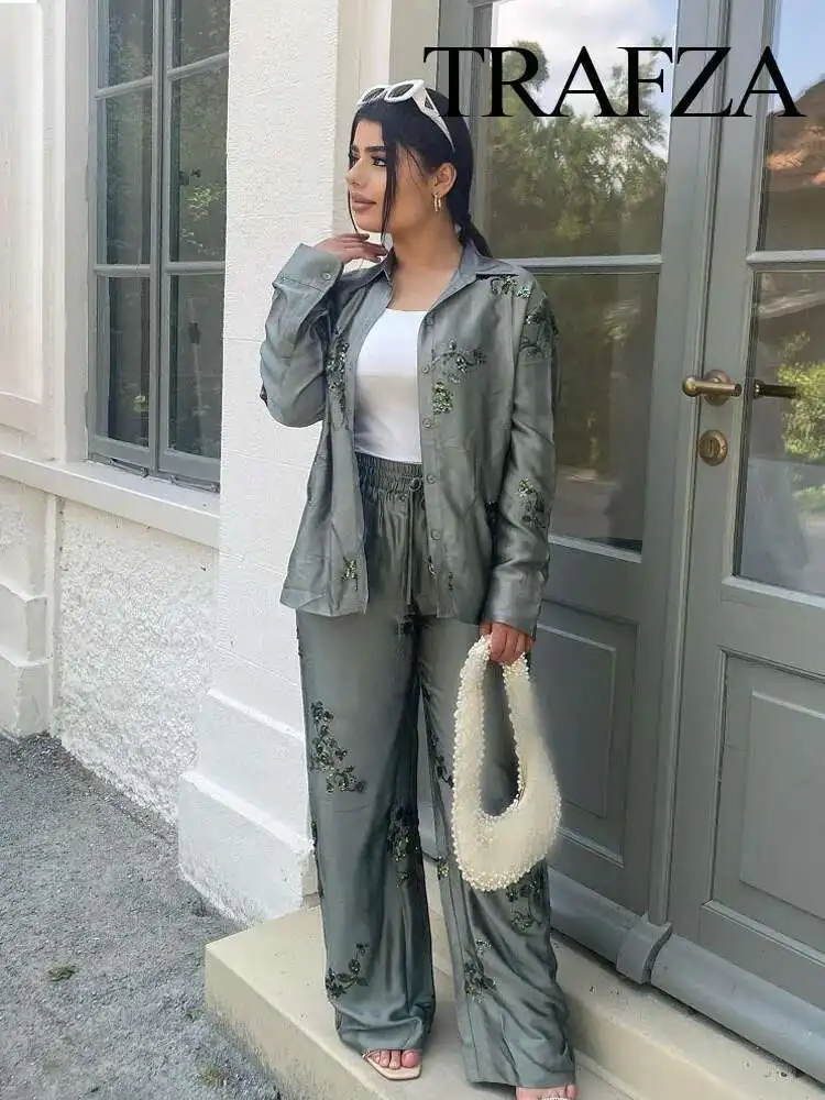 

New Summer Women Suits Sequin Decoration Turn-Down Collar Long Sleeves Single-Breasted Shirt+Elastic Waist Straight Leg Pant