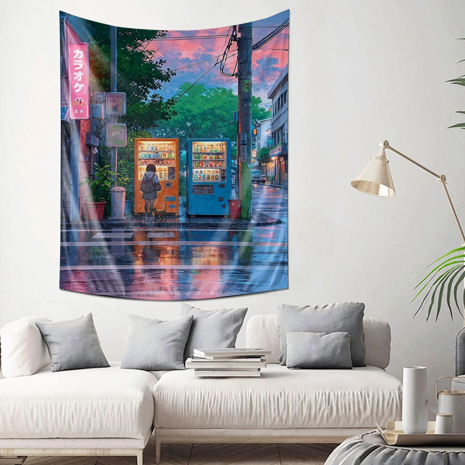 Anime Style Rainy Street with Vending Machines and Neon Signs Wall Tapestry Machine Washable All Season Decor Print Home