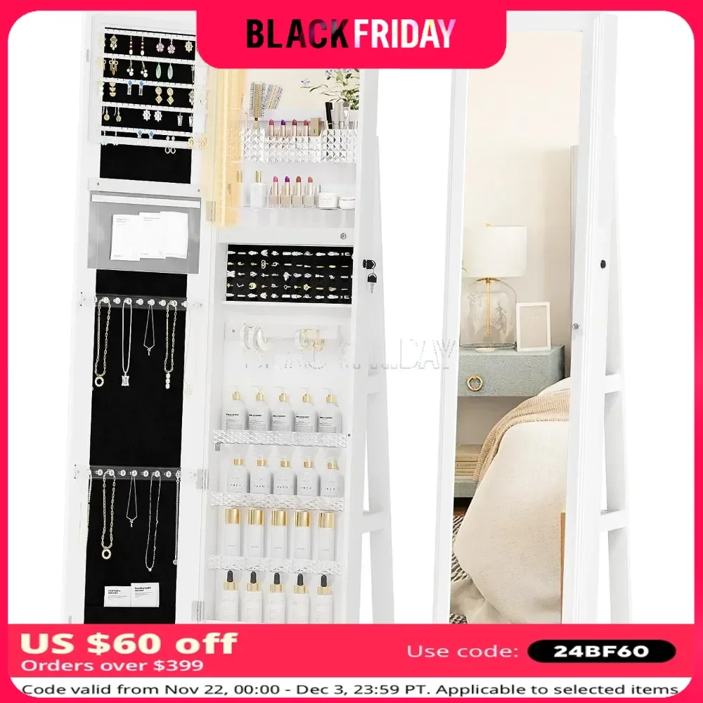 Mirror Cabinet with Jewelry Storage & Shelf, Vanity Makeup Mirror 3-Color LED Lights, 360° Full Length Mirror Jewelry Storage