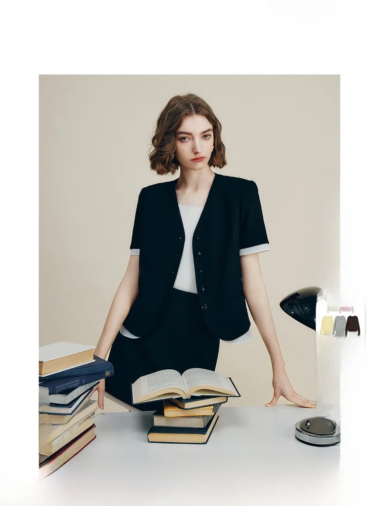 Famanxuan Women's Black V-Neck Suit Jacket Color Block Short Outerwear Premium Feeling Summer New Style Polyester Blend