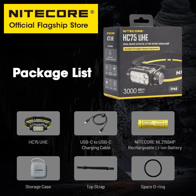 NITECORE HC75 UHE E-focus كشافات للعمل 3000 لومن USB-C مصباح أمامي قابل لإعادة الشحن كشاف كاشف، بطارية ليثيوم أيون 5500 مللي أمبير في الساعة 21700