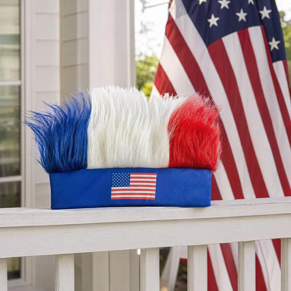 Elastic Headband Wig Cap Independence Day Wig Cap with Elastic Headband Blue White Fur Design Hat Double-sided for Parties