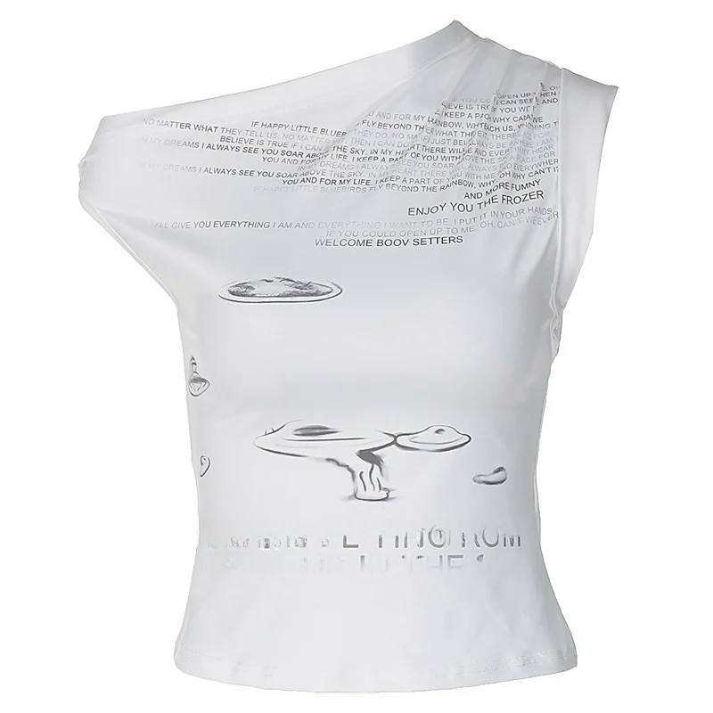 Dulzura スパイシーガール グラフィティ プリント 非対称ショルダー Tシャツ ストリート スタイル ラウンドネック 半袖 レディース ファッション サマー トップ