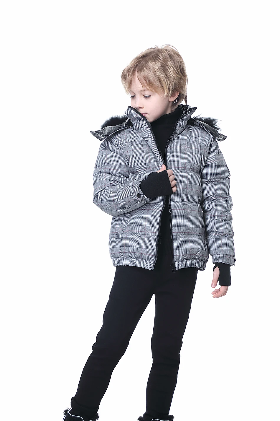 Clearance sale discount  Fashion plaid winter coat thicken high quality filling duck down boys girls jacket + nature fur