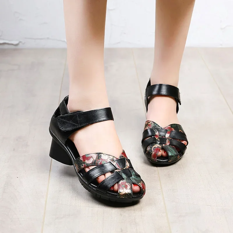 BEYARNE Genuine Leather Sandals Women Chunky Heel Sandals Soft Flowers Woven Fish Mouth Summer Shoes Casual Mother Sandals