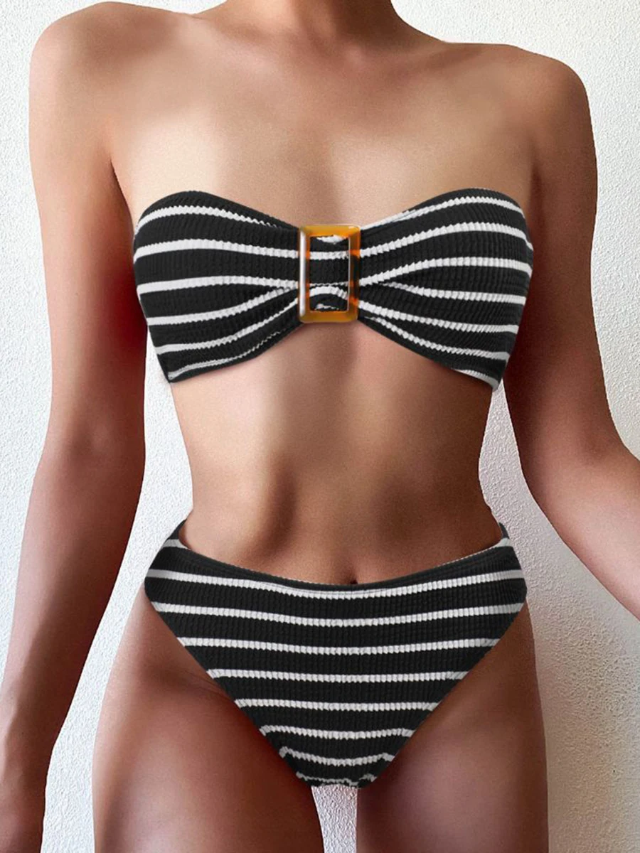 

Striped Textured Bandeau Bikinis 2024 Women Sexy Swimsuit Push Up Swimwear Female Bathing Suit Swimming Summer Beachwear