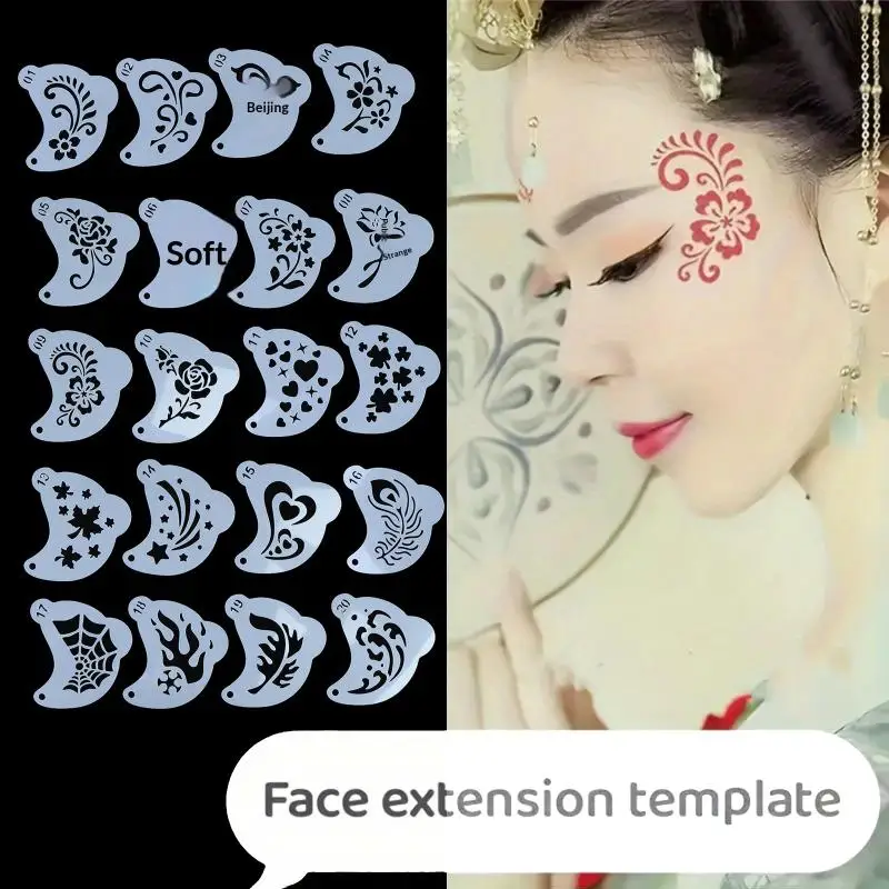 20Pcs Reusable Face Painting Stencils - Durable Pet Plastic, Washable & Reusable With Assorted Floral, Spiderweb, Heart Designs