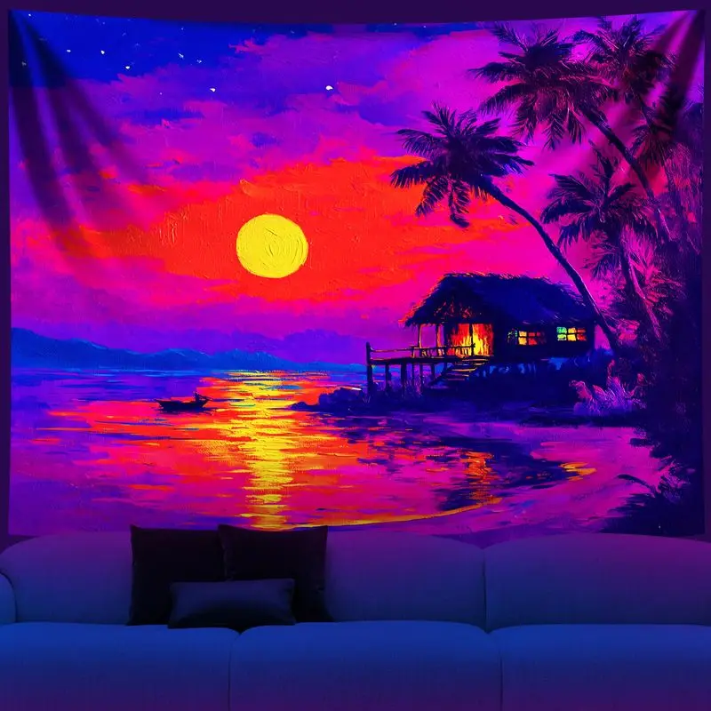 VIKAMA Black Light Full Lunar Orb Deep Space Fan Palm Night UV Active Tapestry Surreal Wall Decor Accent Soft Durable Cozy Gift