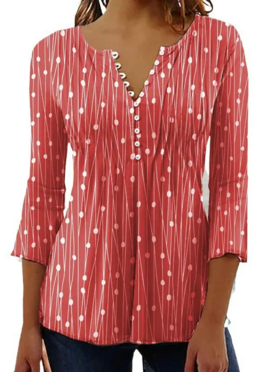 Base stampata V-ne da donna irt Long Sve Top di media lunghezza in misto poliestere Spring Faion Abbigliamento premium da donna