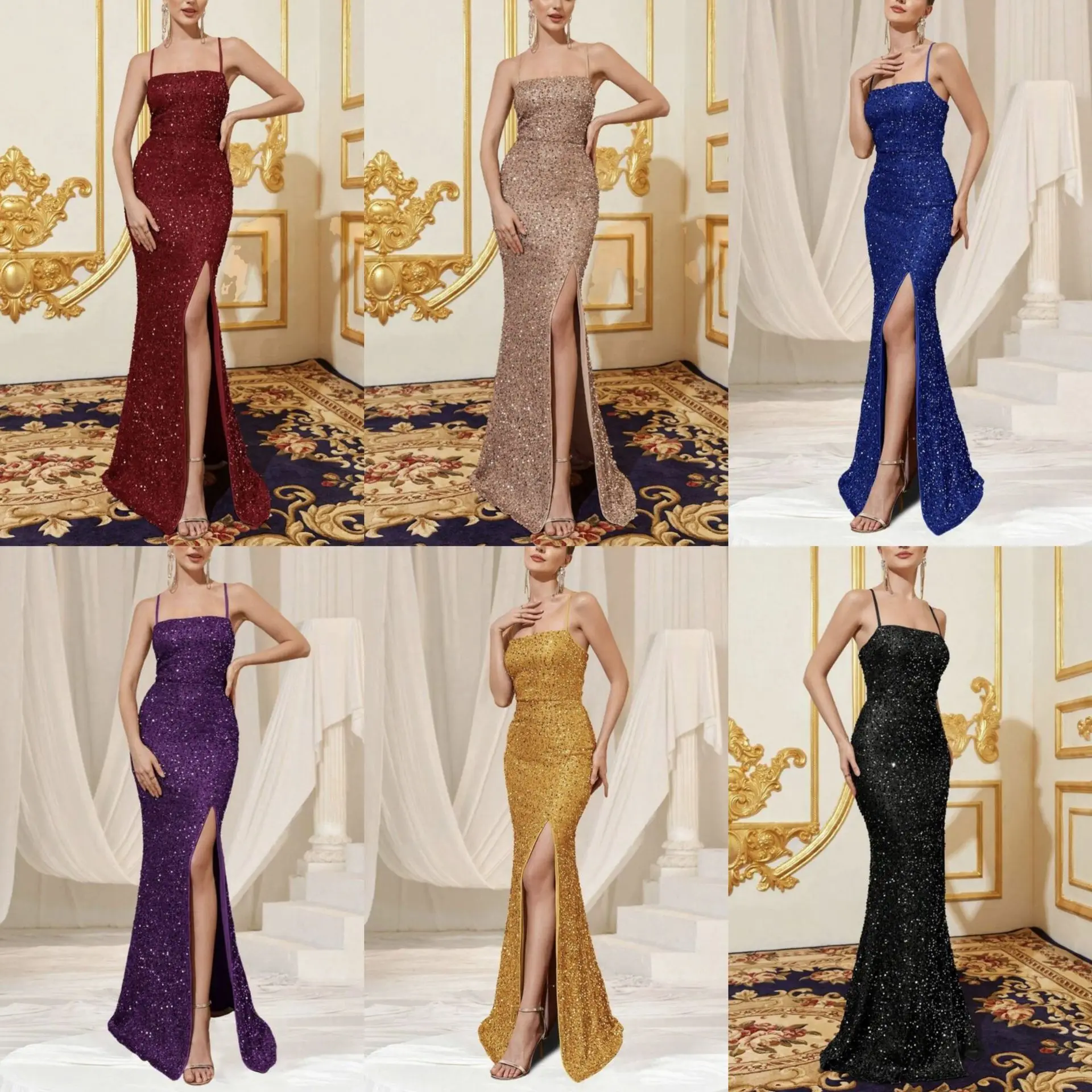 Elegant Maxi Dresses 2026  Sexy Glitter Split Bridesmaid Dress Strap Evening Dress Платье Женское Вечернее Party Dresses Women