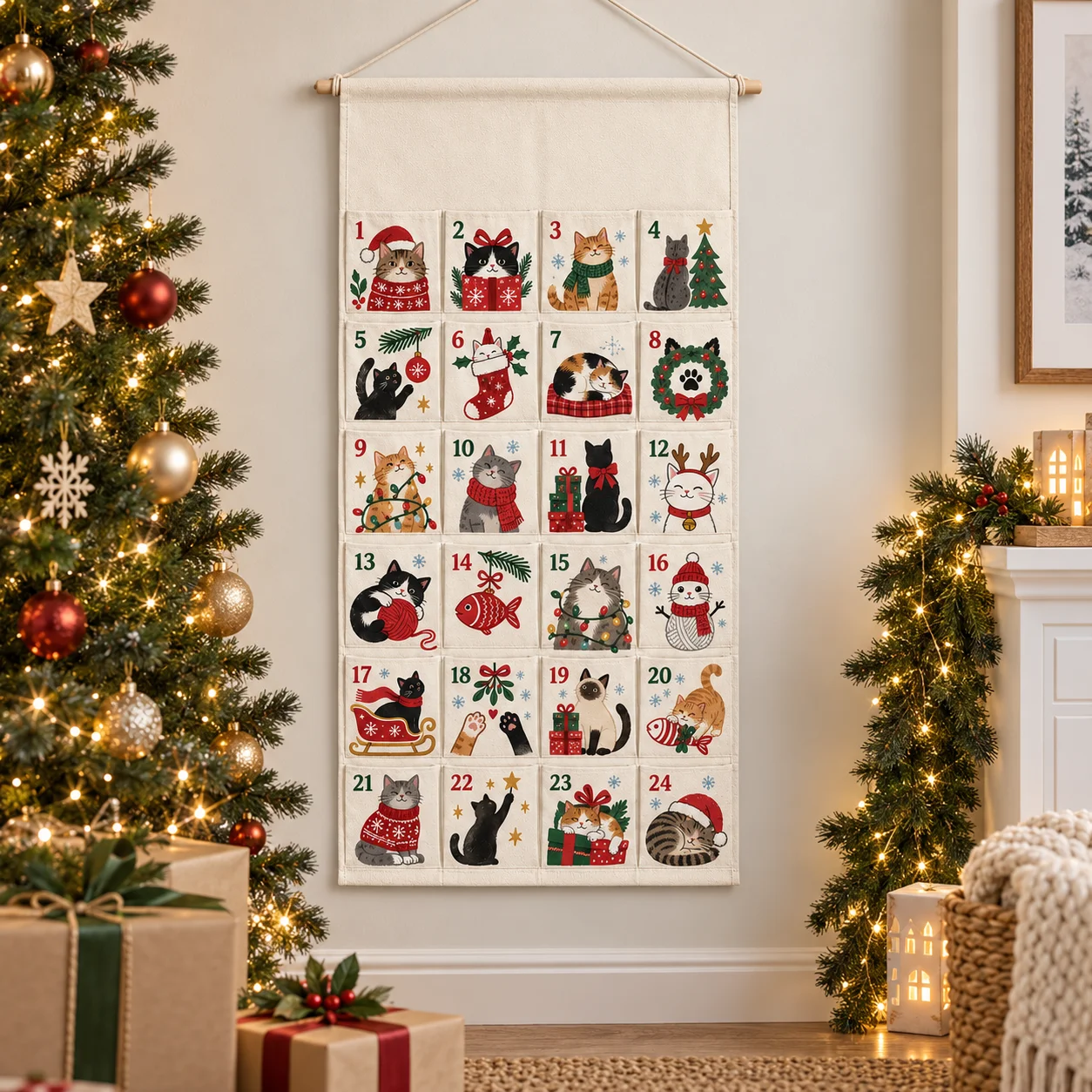 Custom Pet Christmas Advent Calendar 24 Pocket Canvas Wall Organizer Bag For Dog Cat Treats Holiday Countdown Pet Christmas Gift