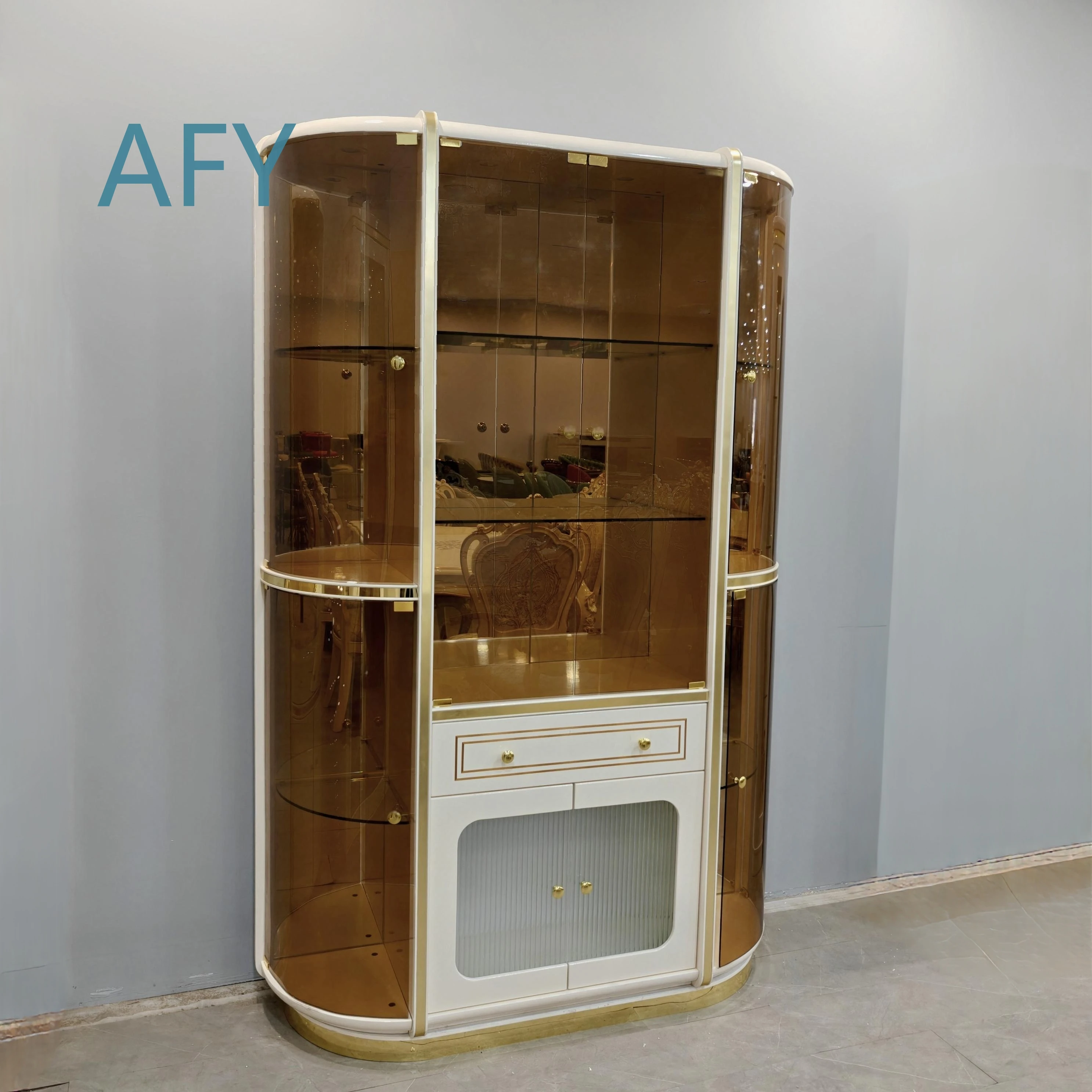 Modern Elegant White Gold Trim Wine Cabinet Light Luxury Curved Glass Corner for Home Wood Panel Style for IKEA for MUJI for