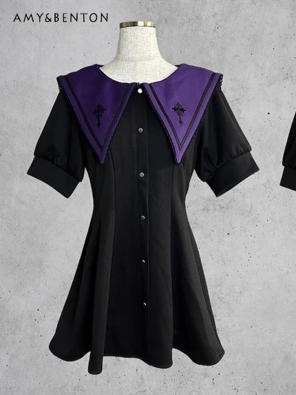 

Japanese Gothic Embroidered Cross Lace Trim Patchwork Short Sleeve Waist-Cinching A-Line Dress Shorts Subculture Lolita Sets