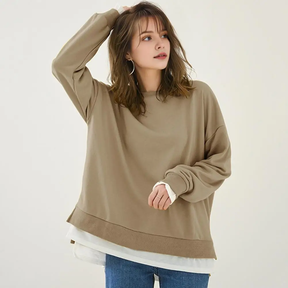 

Spliced Design Pullover Pullover Blouse Stylish Women's Round Neck Sweatshirt with Side Slit Design for Loose for Everyday