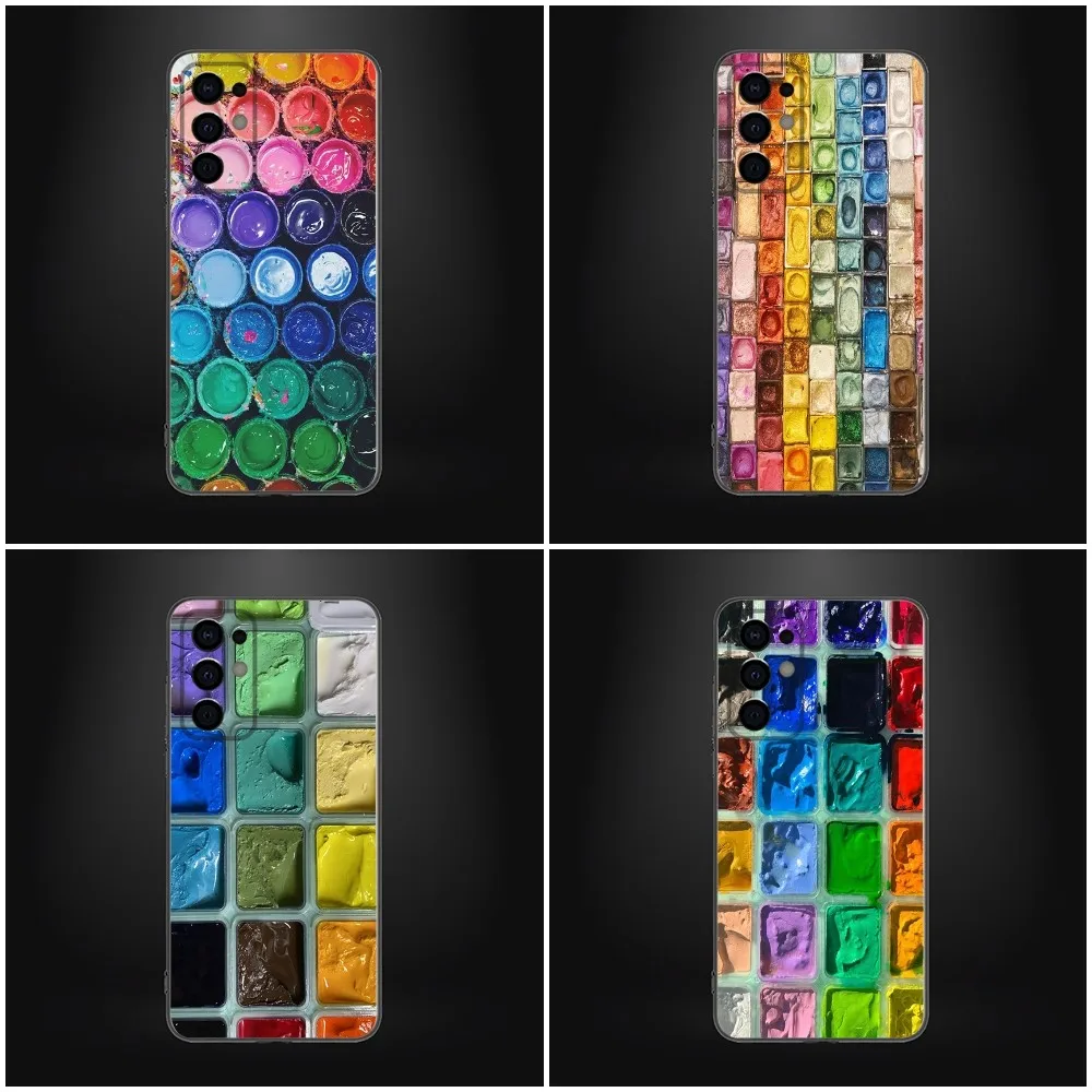 Watercolors Set Paint Palette Phone Case For Samsung Galaxy A13,A21s,A22,A31,A32,A52,A53,A71,A80,A91 Soft Black Shell