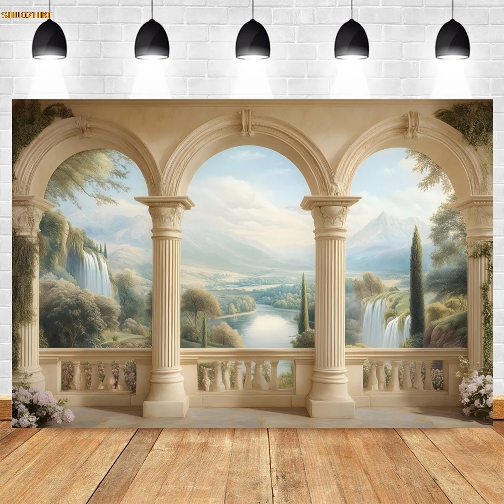 

Vintage European Palace Background Interior Arch Window Wedding Maternity Portrait Baby Photography Backdrop Photo Studio Props