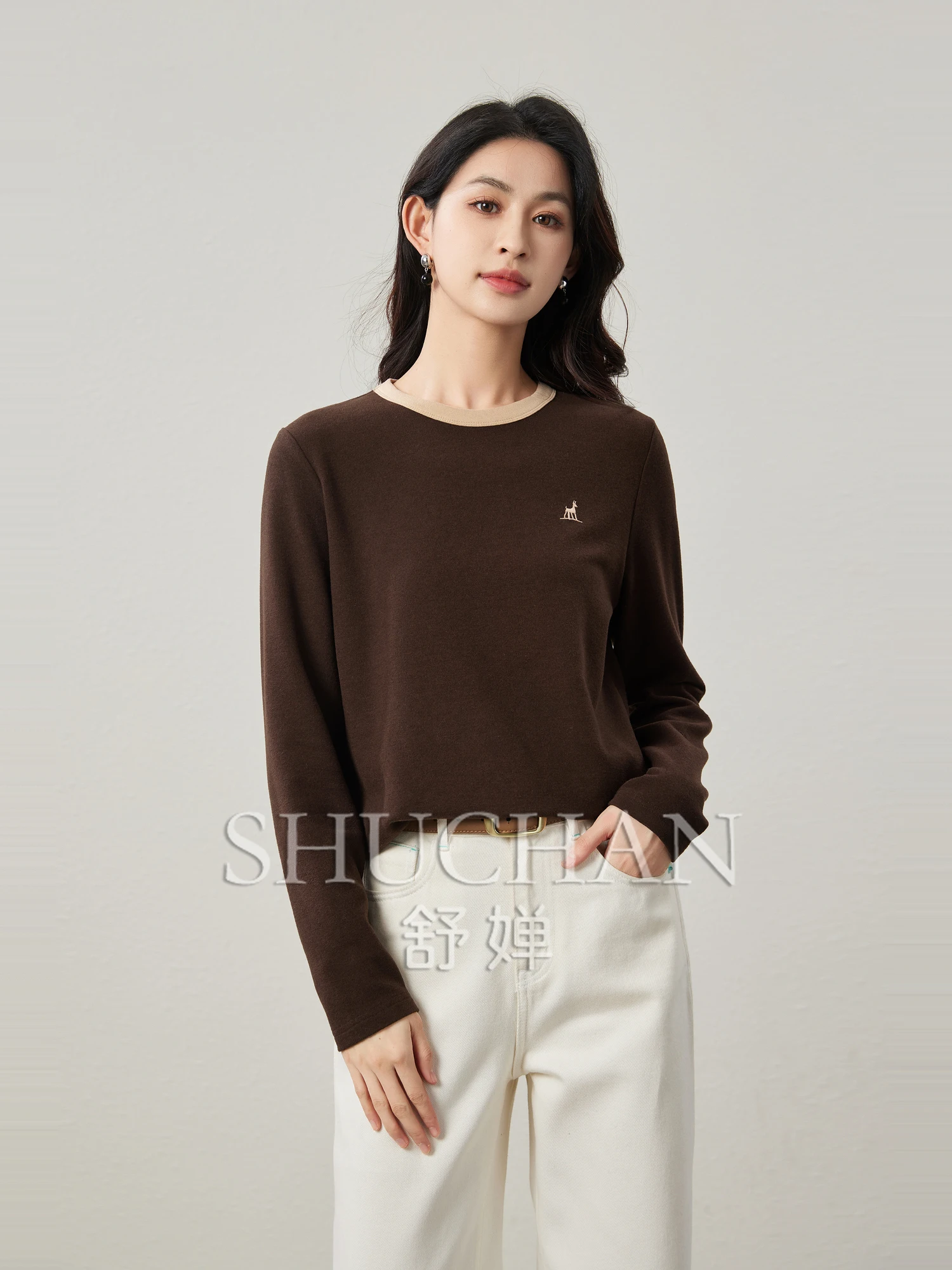 Warm BI preparation in winter, easy and fashionable, simple and elegant contrasting color round neck warm inner with basic long-