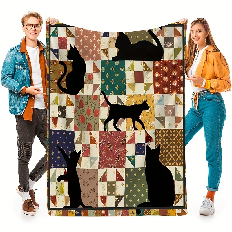 Cozy Vintage Cat Print Flannel Plush Blanket - Reversible, Soft, All-Season Design with Adorable Cat Patterns, Perfect for Sofa