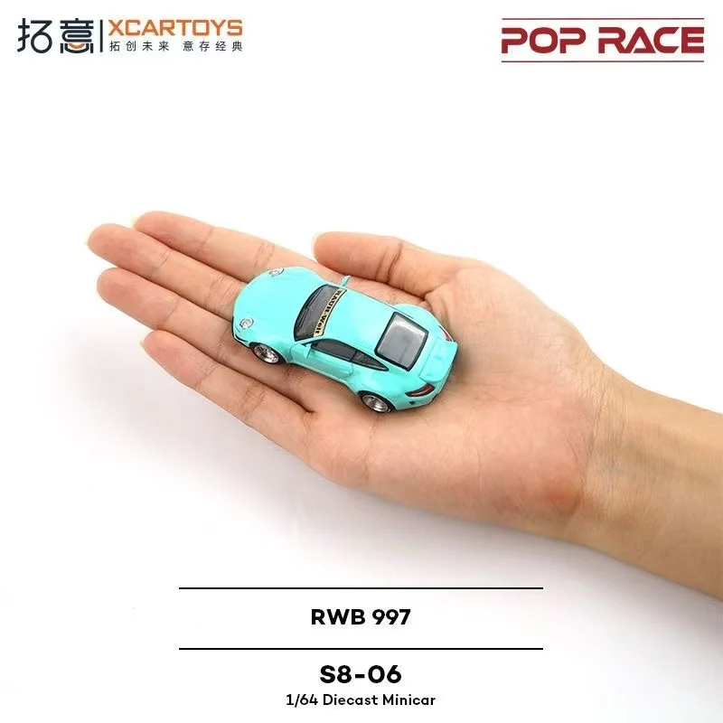 POP RACE 1/64 Porsche RWB 997 سيارة رياضية زرقاء، نموذج سيارة من خليط معدني مصبوب ألعاب أطفال