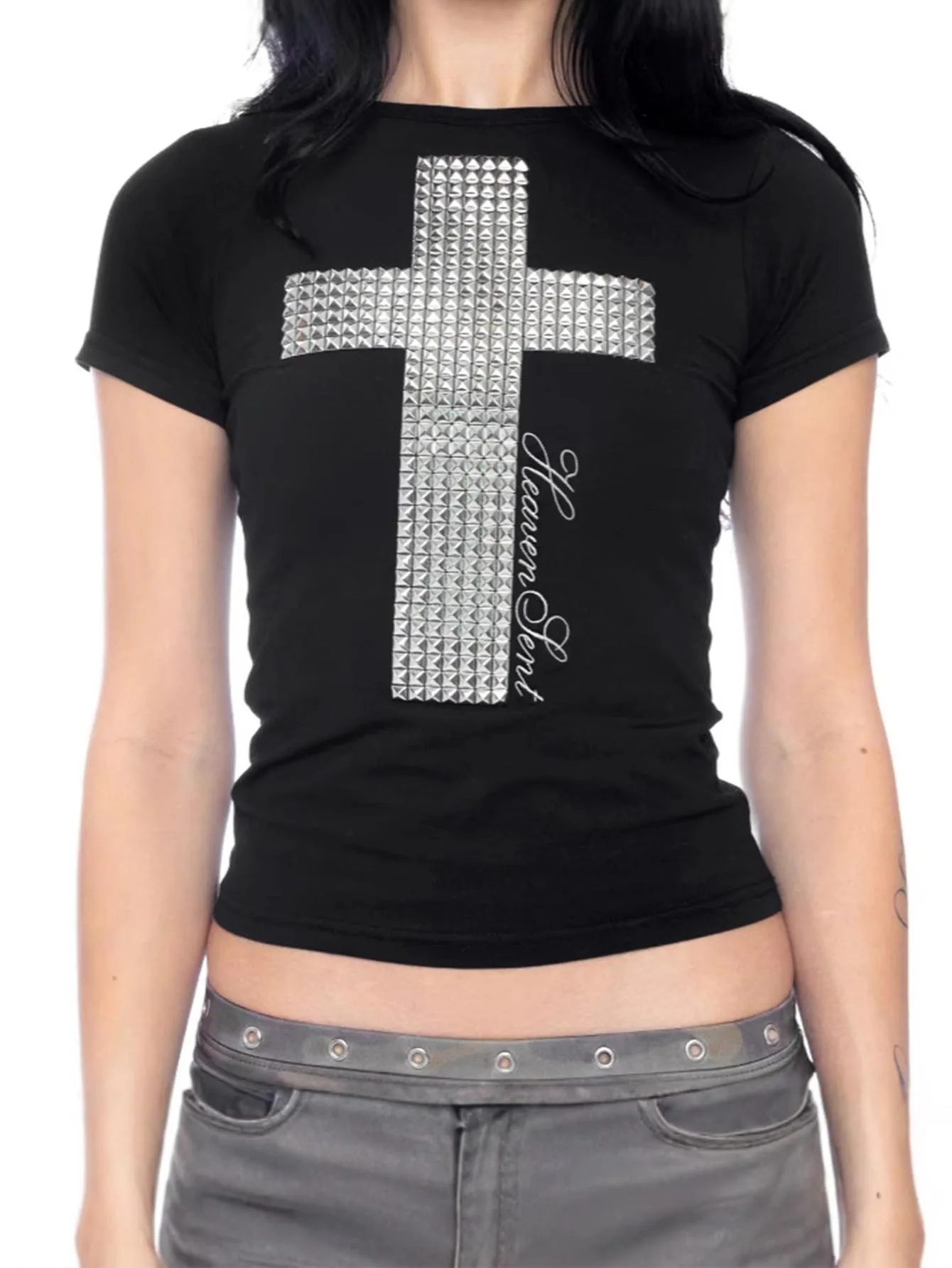 2026 Women's Y2K Retro Hot Girl T-shirt Cross Rhinestone Embellished Slim Fit Short Sleeve Fashion New Streetwear Tops